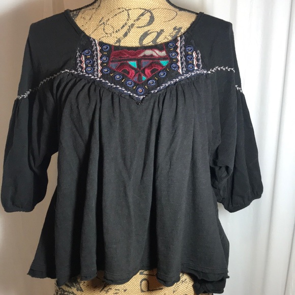 Free People Mirrored Embroidered Peasant Top Black - Picture 2 of 6